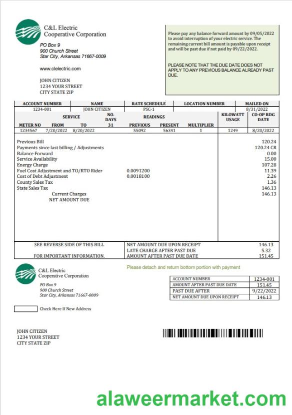 USA Arkansas C & L Electric Cooperative Corporation utility bill template in Word and PDF format